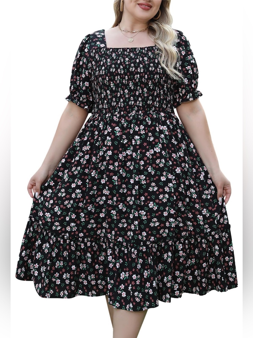 Plus Size Black Floral Square-Neck Midi Dress